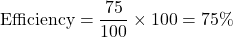 \[ \text{Efficiency} = \frac{75}{100} \times 100 = 75\% \]