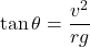 \[ \tan\theta = \frac{v^2}{rg} \]
