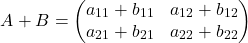 \[ A + B = \begin{pmatrix} a_{11} + b_{11} & a_{12} + b_{12} \\ a_{21} + b_{21} & a_{22} + b_{22} \end{pmatrix} \]